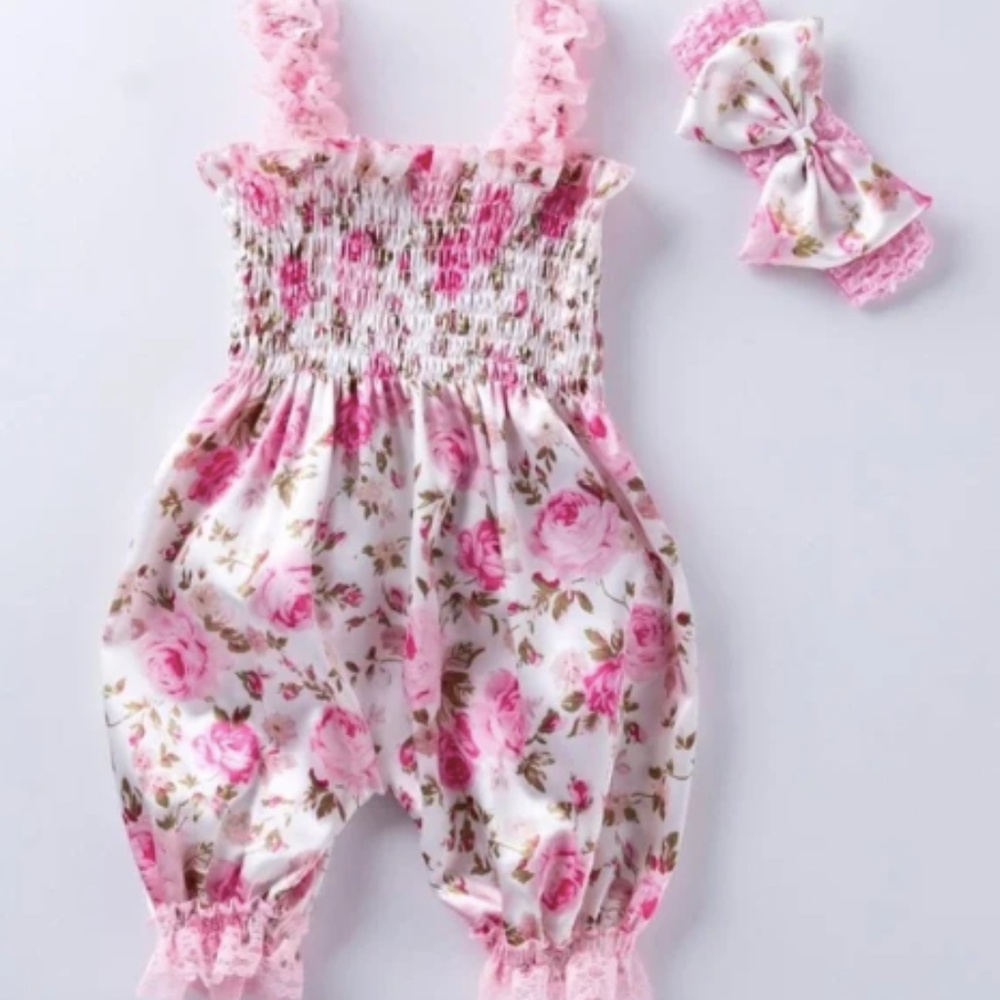 Pink Floral Baby Romper w/ matching headband
